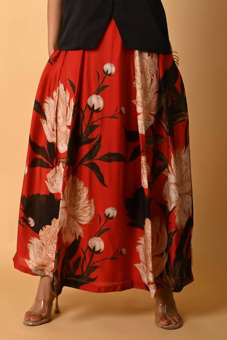 Buy ISADAA BY ROTNA DUTT Red Satin, Georgette Halter Neck Digital Printed Skirt And Jacket Online at Aza Fashions Buy_ISADAA BY ROTNA DUTT_Red Satin, Georgette Halter Neck Digital Printed Skirt And Jacket _Online_at_Aza_Fashions