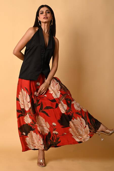 Shop ISADAA BY ROTNA DUTT Red Satin, Georgette Halter Neck Digital Printed Skirt And Jacket Online at Aza Fashions Shop_ISADAA BY ROTNA DUTT_Red Satin, Georgette Halter Neck Digital Printed Skirt And Jacket _Online_at_Aza_Fashions