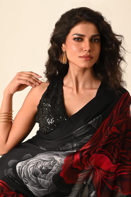 ISADAA BY ROTNA DUTT Black Georgette, Satin Sequins, Embroidery Digital Printed Saree And Blouse Online at Aza Fashions ISADAA BY ROTNA DUTT_Black Georgette, Satin Sequins, Embroidery Digital Printed Saree And Blouse _Online_at_Aza_Fashions