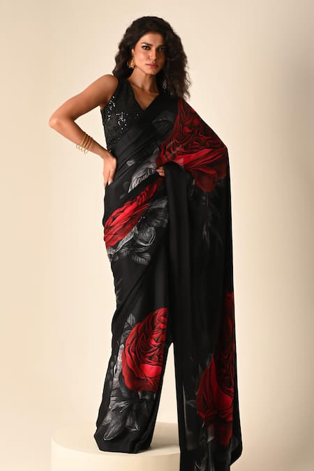 ISADAA BY ROTNA DUTT Black Georgette, Satin Sequins, Embroidery Digital Printed Saree And Blouse 