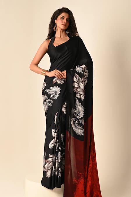 Shop ISADAA BY ROTNA DUTT Black Georgette, Satin Digital Printed Saree With Border at Aza Fashions Shop_ISADAA BY ROTNA DUTT_Black Georgette, Satin Digital Printed Saree With Border _at_Aza_Fashions