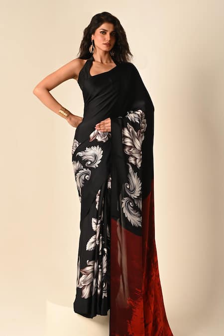 ISADAA BY ROTNA DUTT Black Georgette, Satin Digital Printed Saree With Border 