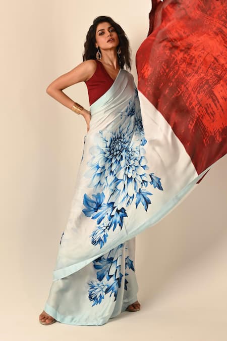 Buy_ISADAA BY ROTNA DUTT_Blue Georgette Digital Printed Floral Saree With Satin Border _Online_at_Aza_Fashions