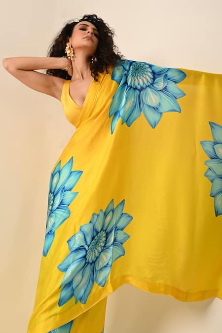 ISADAA BY ROTNA DUTT Yellow Georgette, Satin Digital Floral Printed Saree With Border Online at Aza Fashions ISADAA BY ROTNA DUTT_Yellow Georgette, Satin Digital Floral Printed Saree With Border _Online_at_Aza_Fashions