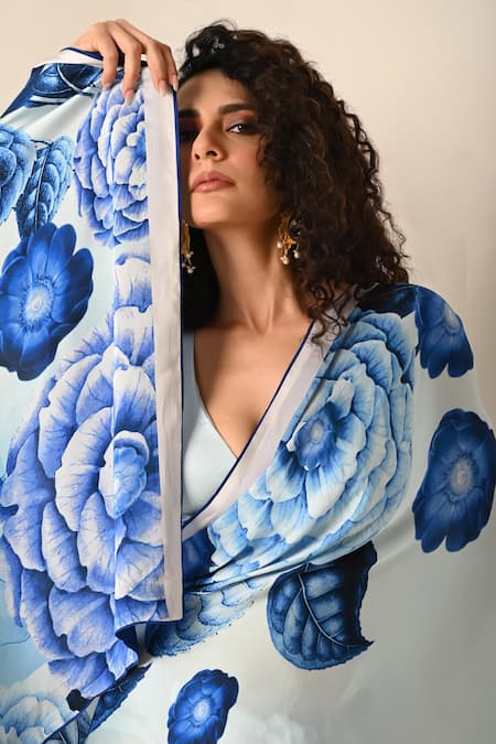 Buy_ISADAA BY ROTNA DUTT_Blue Georgette, Satin Digital Floral Printed Saree With Border _Online_at_Aza_Fashions