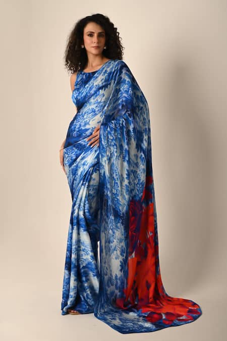 ISADAA BY ROTNA DUTT Blue Georgette Digital Printed Saree With Satin Border Online at Aza Fashions ISADAA BY ROTNA DUTT_Blue Georgette Digital Printed Saree With Satin Border _Online_at_Aza_Fashions