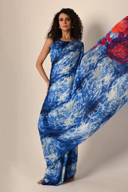 Buy ISADAA BY ROTNA DUTT Blue Georgette Digital Printed Saree With Satin Border Online at Aza Fashions Buy_ISADAA BY ROTNA DUTT_Blue Georgette Digital Printed Saree With Satin Border _Online_at_Aza_Fashions