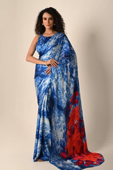 ISADAA BY ROTNA DUTT Blue Georgette Digital Printed Saree With Satin Border 