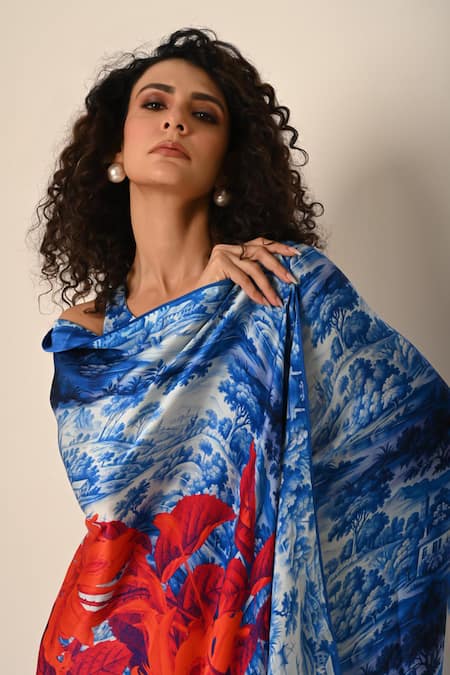 Shop ISADAA BY ROTNA DUTT Blue Georgette Digital Printed Saree With Satin Border Online at Aza Fashions Shop_ISADAA BY ROTNA DUTT_Blue Georgette Digital Printed Saree With Satin Border _Online_at_Aza_Fashions
