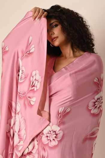 ISADAA BY ROTNA DUTT_Pink Georgette Digital Printed Saree With Satin Border _Online_at_Aza_Fashions