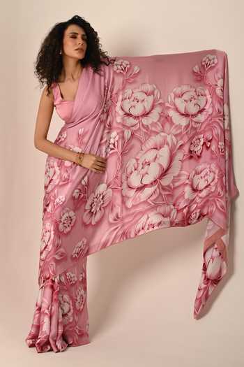 Buy_ISADAA BY ROTNA DUTT_Pink Georgette Digital Printed Saree With Satin Border _Online_at_Aza_Fashions