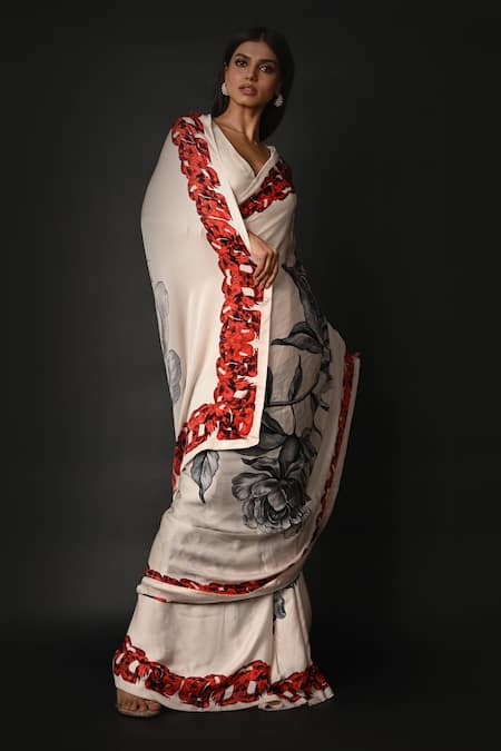 ISADAA BY ROTNA DUTT_Off White Georgette, Satin Digital Printed Saree With Border _Online_at_Aza_Fashions