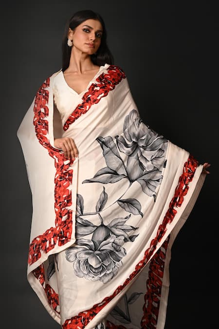 Shop_ISADAA BY ROTNA DUTT_Off White Georgette, Satin Digital Printed Saree With Border _Online_at_Aza_Fashions