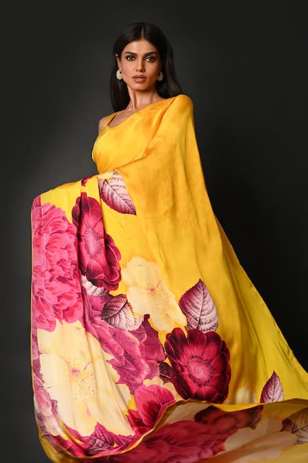 Buy ISADAA BY ROTNA DUTT Yellow Georgette Digital Printed Saree With Satin Border Online at Aza Fashions Buy_ISADAA BY ROTNA DUTT_Yellow Georgette Digital Printed Saree With Satin Border _Online_at_Aza_Fashions