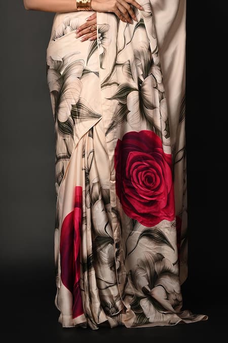 ISADAA BY ROTNA DUTT_Off White Georgette Digital Printed Saree With Satin Border _Online_at_Aza_Fashions