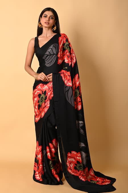 ISADAA BY ROTNA DUTT Black Georgette Digital Printed Saree With Satin Border 