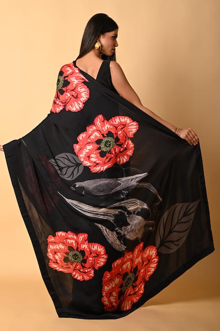 Shop ISADAA BY ROTNA DUTT Black Georgette Digital Printed Saree With Satin Border at Aza Fashions Shop_ISADAA BY ROTNA DUTT_Black Georgette Digital Printed Saree With Satin Border _at_Aza_Fashions