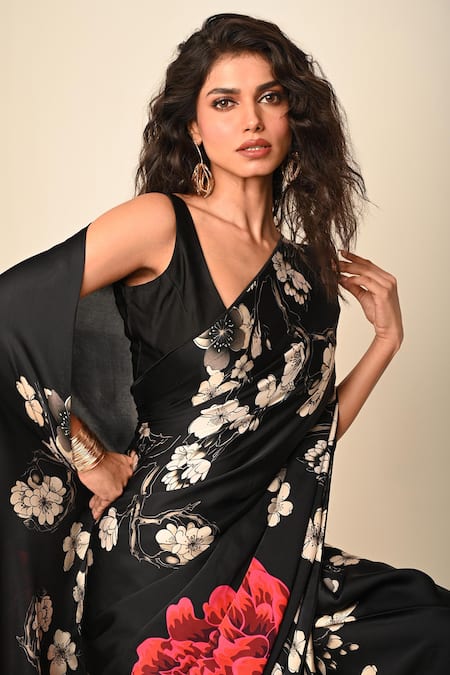 ISADAA BY ROTNA DUTT_Black Georgette, Satin Digital Printed Saree With Border _Online_at_Aza_Fashions