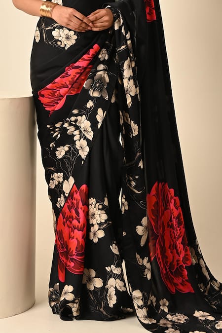 Buy_ISADAA BY ROTNA DUTT_Black Georgette, Satin Digital Printed Saree With Border _Online_at_Aza_Fashions