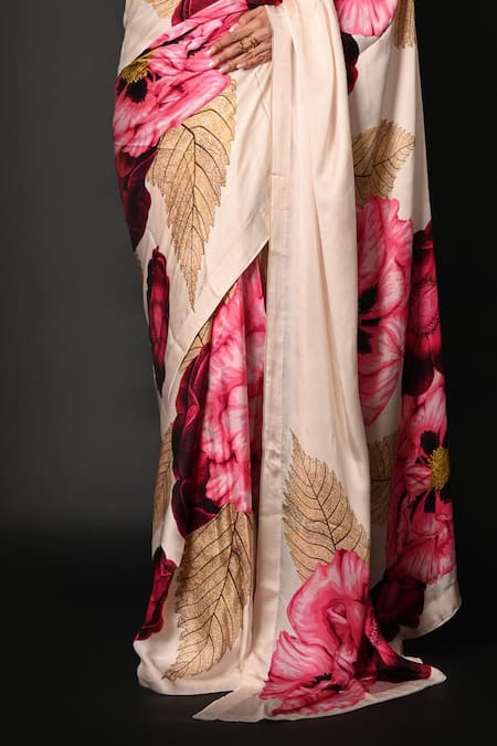 ISADAA BY ROTNA DUTT_Off White Satin, Georgette Digital Floral Print Saree With Border _Online_at_Aza_Fashions