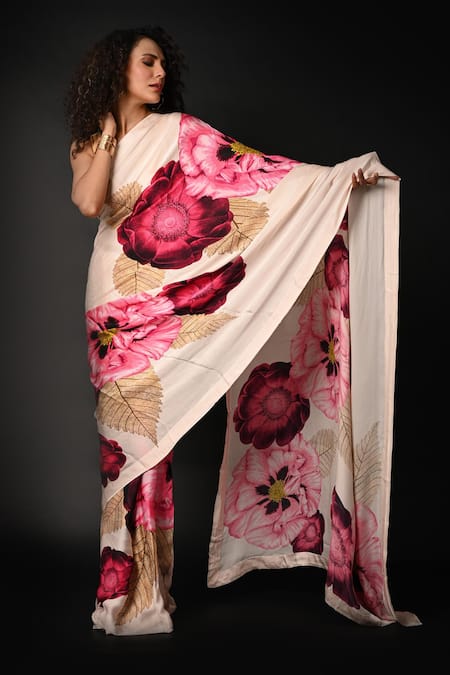 Buy_ISADAA BY ROTNA DUTT_Off White Satin, Georgette Digital Floral Print Saree With Border _Online_at_Aza_Fashions
