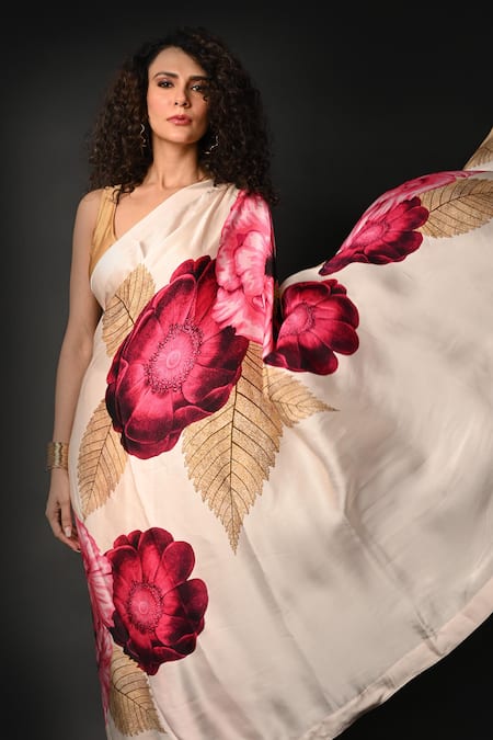 Shop_ISADAA BY ROTNA DUTT_Off White Satin, Georgette Digital Floral Print Saree With Border _Online_at_Aza_Fashions