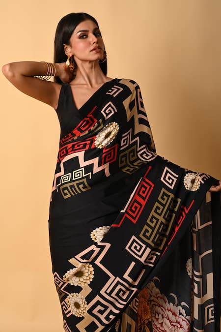 ISADAA BY ROTNA DUTT Black Georgette Digital Print Saree With Satin Border Online at Aza Fashions ISADAA BY ROTNA DUTT_Black Georgette Digital Print Saree With Satin Border _Online_at_Aza_Fashions