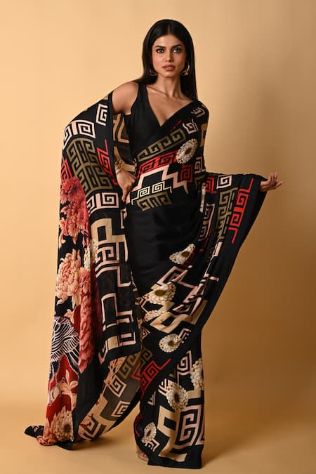 ISADAA BY ROTNA DUTT Black Georgette Digital Print Saree With Satin Border 