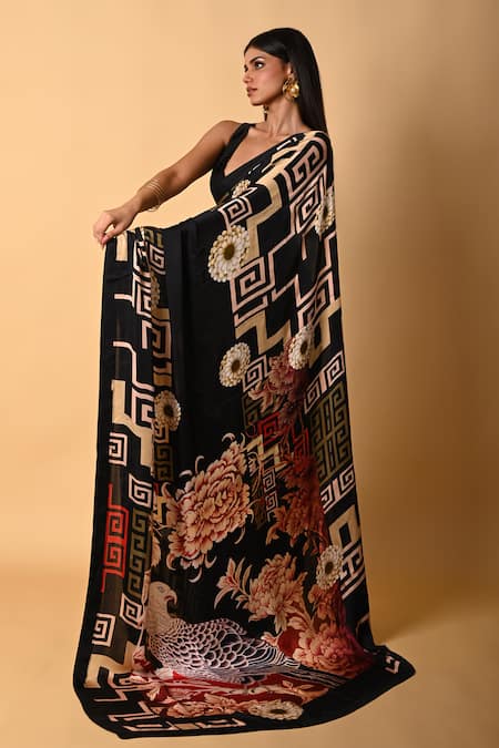 Shop ISADAA BY ROTNA DUTT Black Georgette Digital Print Saree With Satin Border at Aza Fashions Shop_ISADAA BY ROTNA DUTT_Black Georgette Digital Print Saree With Satin Border _at_Aza_Fashions