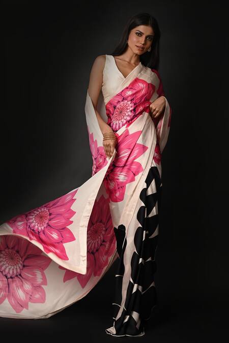 ISADAA BY ROTNA DUTT_White Georgette Digital Printed Saree With Satin Border _Online_at_Aza_Fashions