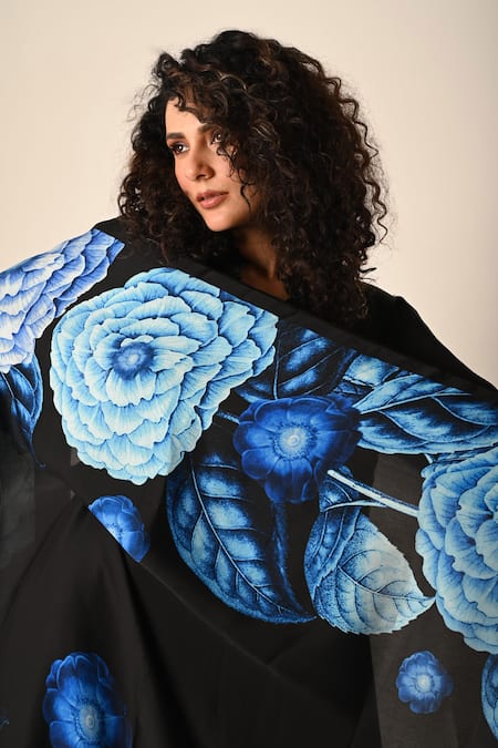 Buy_ISADAA BY ROTNA DUTT_Black Satin, Organza Digital Printed Floral Dupatta _Online_at_Aza_Fashions