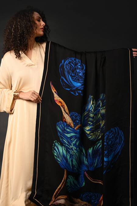 Buy_ISADAA BY ROTNA DUTT_Black Organza, Satin Digital Printed Floral Dupatta _Online_at_Aza_Fashions