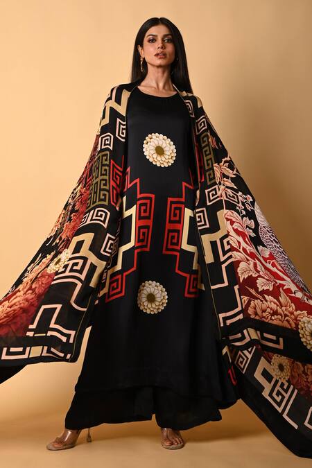 ISADAA BY ROTNA DUTT_Black Satin, Organza Digital Printed Geometric And Floral Dupatta _Online_at_Aza_Fashions