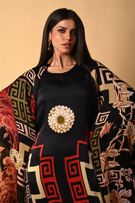 Buy_ISADAA BY ROTNA DUTT_Black Satin, Organza Digital Printed Geometric And Floral Dupatta _Online_at_Aza_Fashions