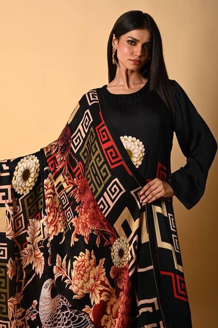 Shop_ISADAA BY ROTNA DUTT_Black Satin, Organza Digital Printed Geometric And Floral Dupatta _Online_at_Aza_Fashions