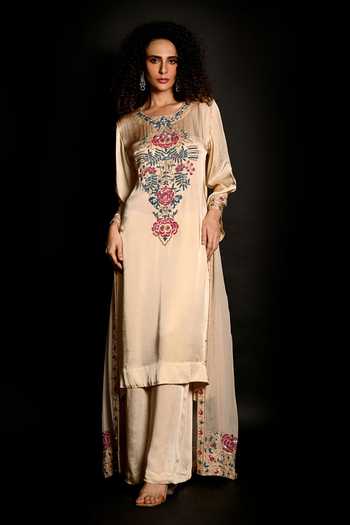 ISADAA BY ROTNA DUTT_Ivory Satin, Georgette, Organza Sequins, Beads, Cutdana Kurta Pant Jacket Set _Online_at_Aza_Fashions