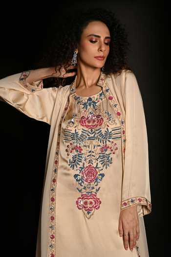 Buy_ISADAA BY ROTNA DUTT_Ivory Satin, Georgette, Organza Sequins, Beads, Cutdana Kurta Pant Jacket Set _Online_at_Aza_Fashions