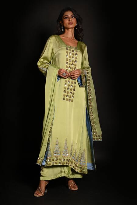Buy_ISADAA BY ROTNA DUTT_Green Satin, Georgette, Organza Sequins, Beads, Embroidery And Cutdana Kurta Set _Online_at_Aza_Fashions