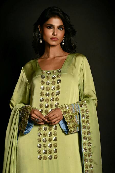 Shop_ISADAA BY ROTNA DUTT_Green Satin, Georgette, Organza Sequins, Beads, Embroidery And Cutdana Kurta Set _Online_at_Aza_Fashions