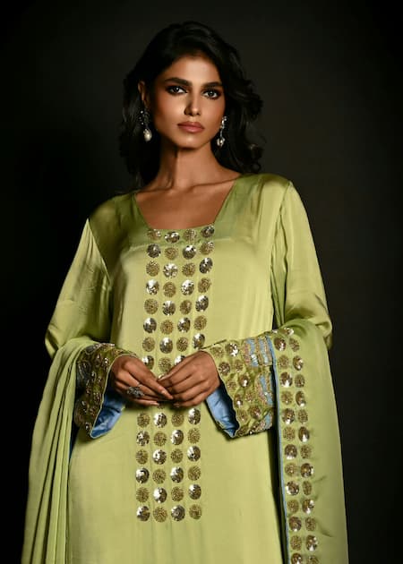 ISADAA BY ROTNA DUTT_Green Satin, Georgette, Organza Sequins, Beads, Embroidery And Cutdana Kurta Set _at_Aza_Fashions