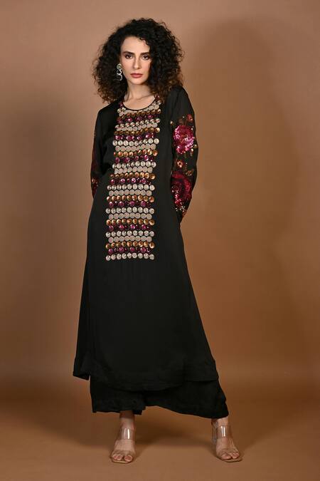 ISADAA BY ROTNA DUTT_Black Satin, Georgette Sequins, Beads, Sequins, And Zardosi Embroidered Kurta Set _Online_at_Aza_Fashions