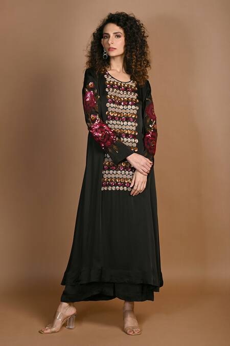 Buy_ISADAA BY ROTNA DUTT_Black Satin, Georgette Sequins, Beads, Sequins, And Zardosi Embroidered Kurta Set _Online_at_Aza_Fashions