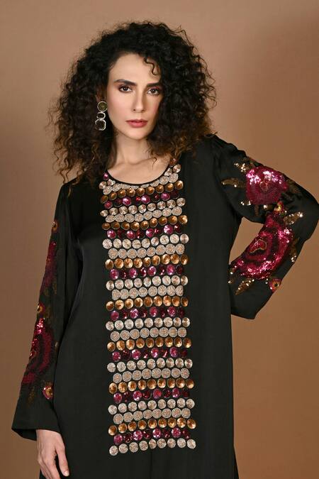 Shop_ISADAA BY ROTNA DUTT_Black Satin, Georgette Sequins, Beads, Sequins, And Zardosi Embroidered Kurta Set _Online_at_Aza_Fashions