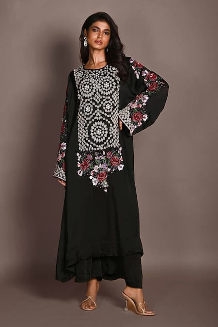 ISADAA BY ROTNA DUTT Black Satin, Georgette Sequins, Beads, Embroidery And Cutdana Hand Kurta Set 