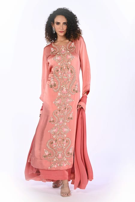 ISADAA BY ROTNA DUTT_Peach Georgette Sequins, Beads, Embroidery, Hand Kurta Palazzo And Dupatta Set _Online_at_Aza_Fashions