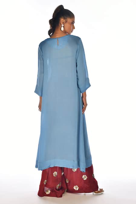 Shop_ISADAA BY ROTNA DUTT_Blue Satin, Georgette Embroidery, Beads, Pearls, Gota Patti, And Kurta & Pant _at_Aza_Fashions