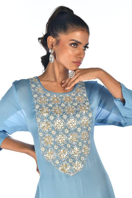 ISADAA BY ROTNA DUTT_Blue Satin, Georgette Embroidery, Beads, Pearls, Gota Patti, And Kurta & Pant _Online_at_Aza_Fashions