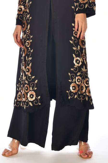Buy_ISADAA BY ROTNA DUTT_Black Georgette, Satin Embroidery, Sequins, Beads Round Floral And Kurta Set _Online_at_Aza_Fashions