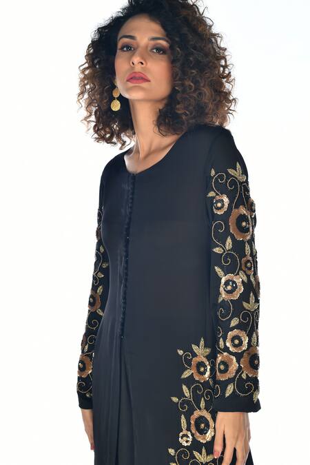 Shop_ISADAA BY ROTNA DUTT_Black Georgette, Satin Embroidery, Sequins, Beads Round Floral And Kurta Set _Online_at_Aza_Fashions