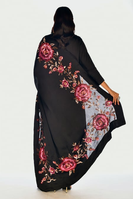 Shop_ISADAA BY ROTNA DUTT_Black Satin, Georgette, Organza Sequins, Floral Kurta Set With Dupatta _at_Aza_Fashions
